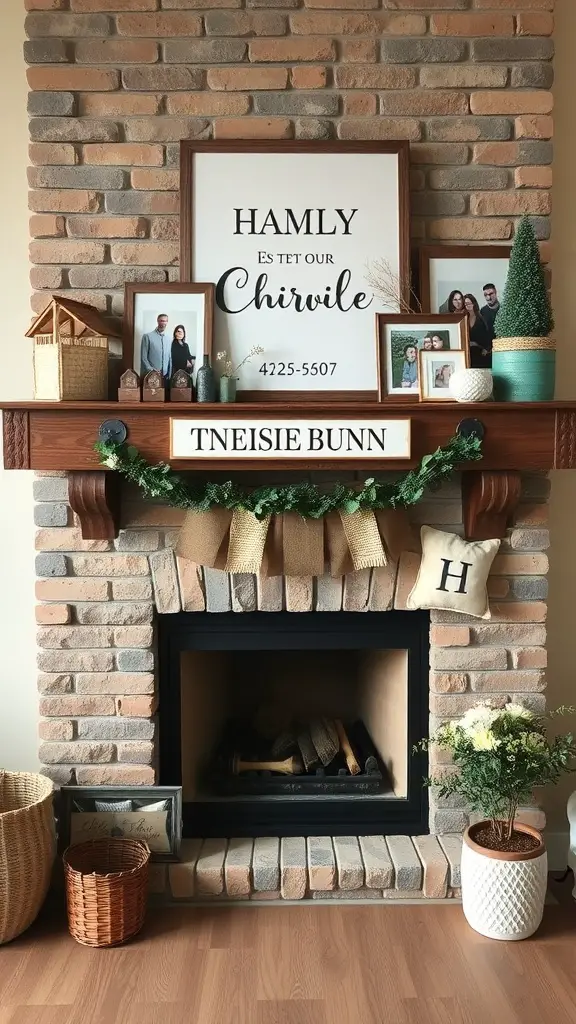 23+ Stunning Farmhouse Fireplace Decor Ideas to Transform Your Home 16 A cozy farmhouse fireplace with a wooden mantel decorated with family photos, a personalized sign, and greenery.