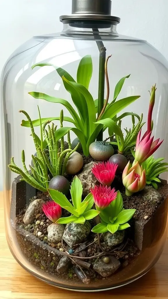 A terrarium displaying a miniature carnivore ecosystem with various plants and decorative stones.