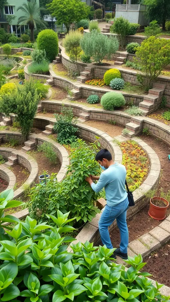 19+ Inspiring Terraced Landscaping Ideas for Your Outdoor Space 17 A person maintaining a terraced garden with plants and a stone pathway.