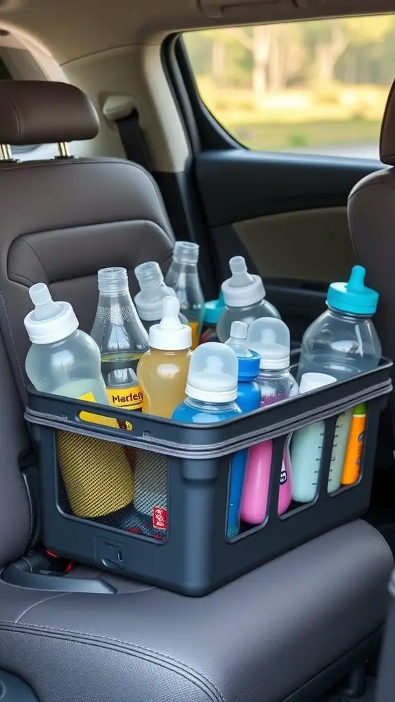 15+ Creative Baby Bottle Organization Ideas for a Clutter-Free Space 12 A portable bottle caddy filled with various baby bottles in a car.