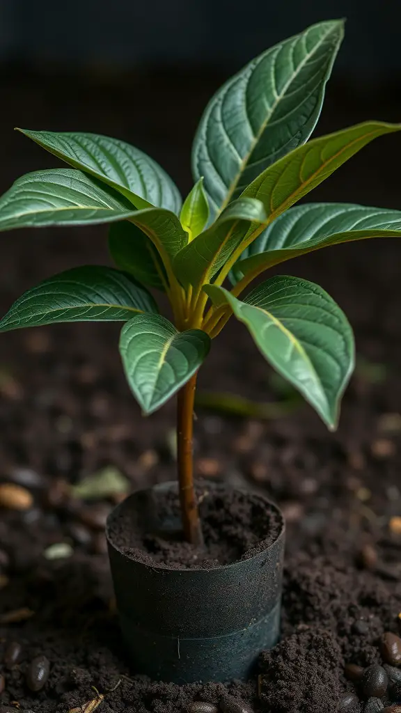 A young ZZ plant in a pot with rich soil, surrounded by coffee grounds.