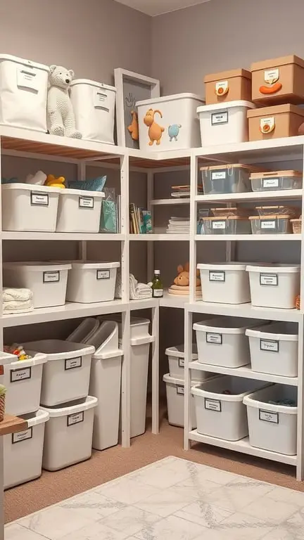 33+ Creative Nursery Organization Ideas for a Clutter-Free Space 17 A well-organized nursery storage area with labeled bins and boxes.