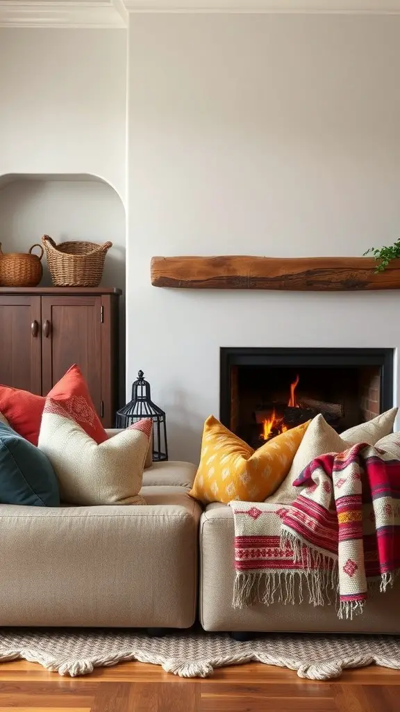 27+ Stylish Fireplace Decor Ideas You’ll Love 13 Cozy seating area with colorful throw pillows and blankets near a fireplace.