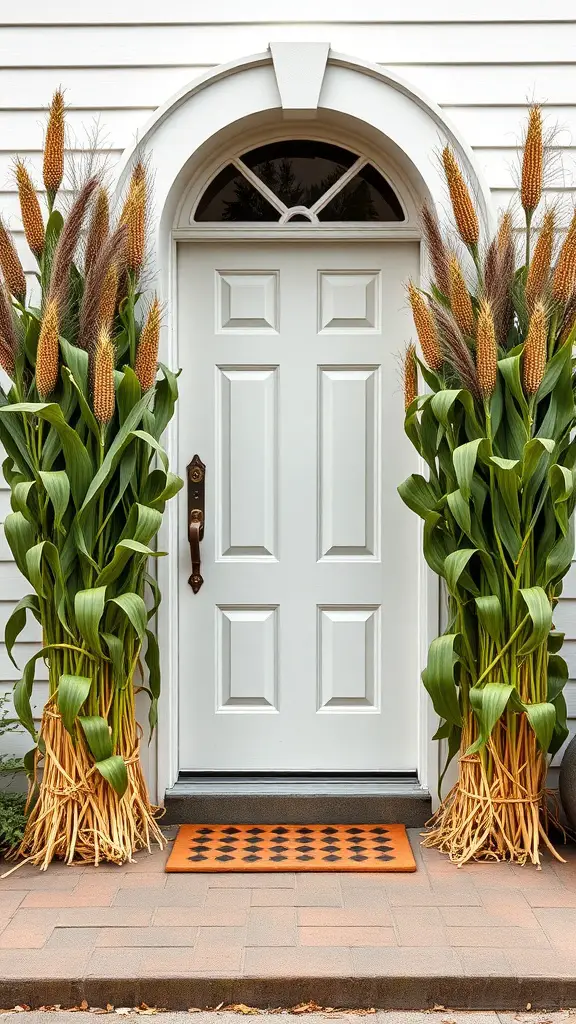23+ Charming Fall Door Decorations to Welcome the Season 4 Cornstalk bundles framing a white door, creating a warm fall entrance.