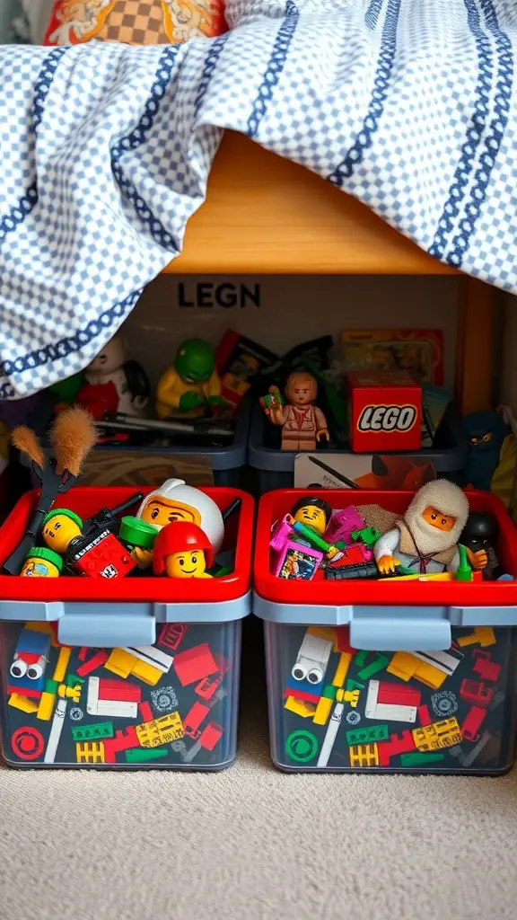 19+ Creative LEGO Organization Ideas for a Tidy Space 12 Colorful bins filled with LEGO pieces and figures stored under a bed.