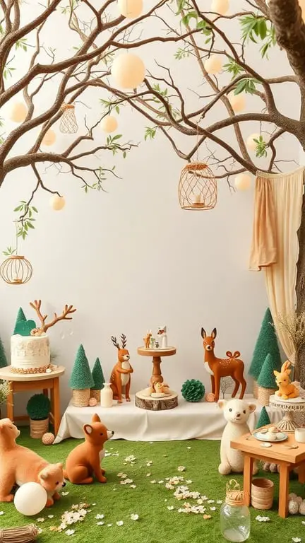 23+ Unique January Baby Shower Themes You’ll Love 17 A Fairytale Forest themed baby shower setup with animal figures, greenery, and soft decorations.