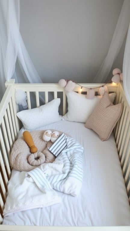 27+ Adorable Gender Neutral Baby Nursery Ideas You’ll Love 8 A cozy nursery crib with soft bedding, pillows, and a decorative touch.