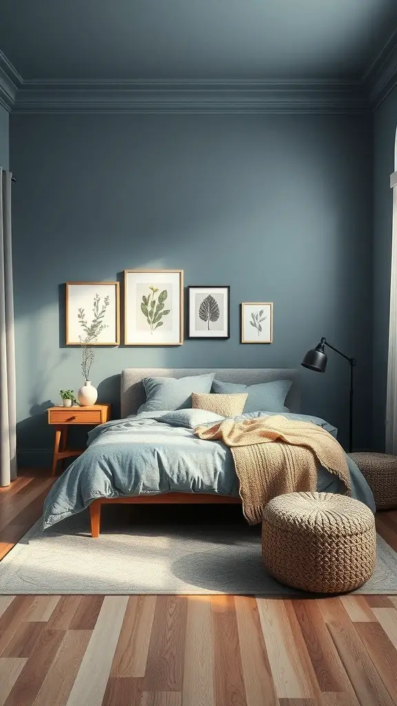 23+ Stunning Dusty Blue Bedroom Ideas to Transform Your Space 10 A cozy bedroom featuring dusty blue walls, a bed with soft linens, and natural decor elements.
