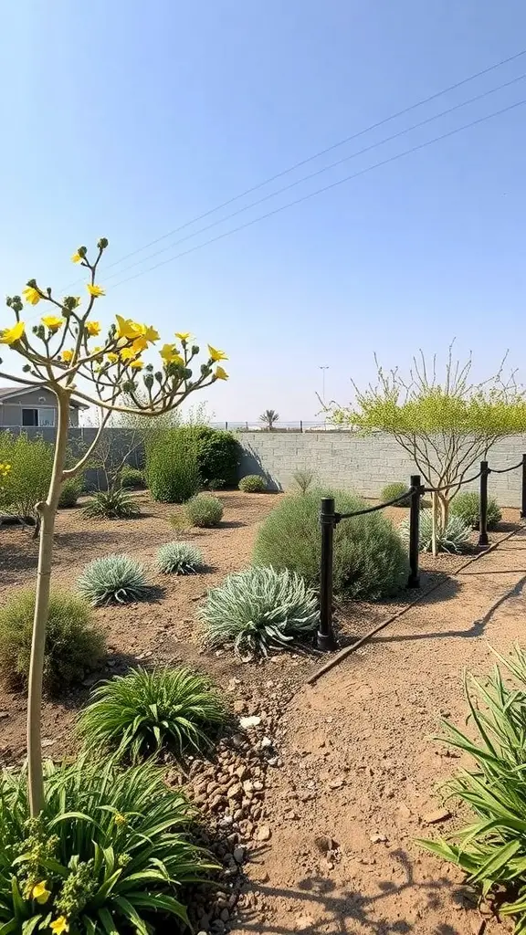 27+ Creative Xeriscape Landscaping Ideas for a Sustainable Garden 8 A xeriscape garden featuring various drought-resistant plants and a clear blue sky.