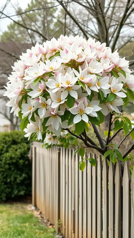 19+ Stunning Backyard Plants to Grow Along Your Fence 6 A flowering dogwood tree with white and pink blossoms next to a wooden fence.
