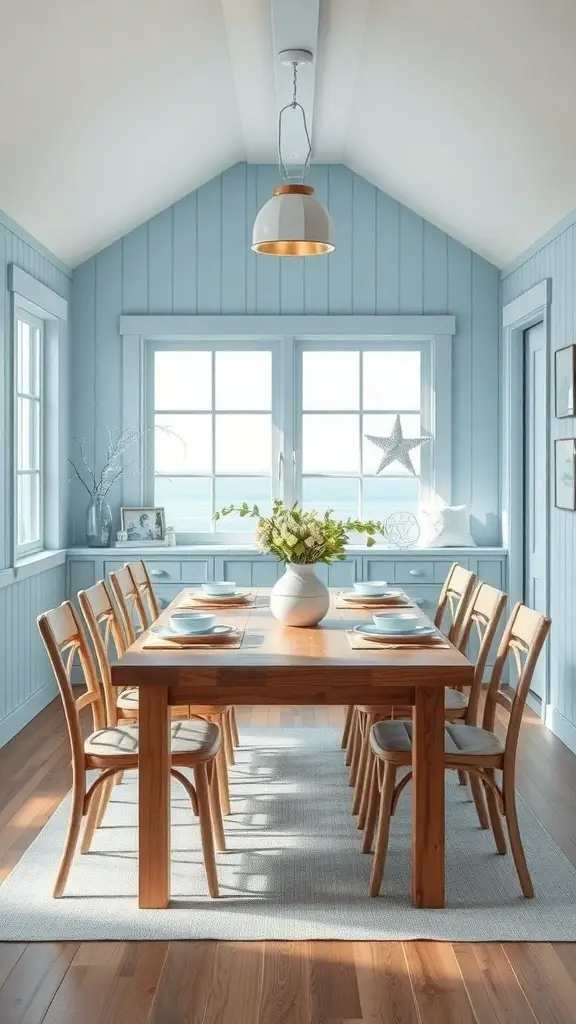 A coastal beach house dining room with blue walls, a wooden table, and large windows.
