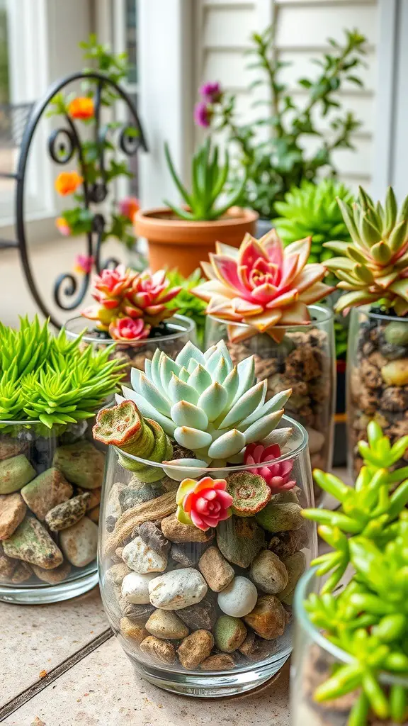 A collection of artistic glass planters filled with colorful succulents and decorative stones.