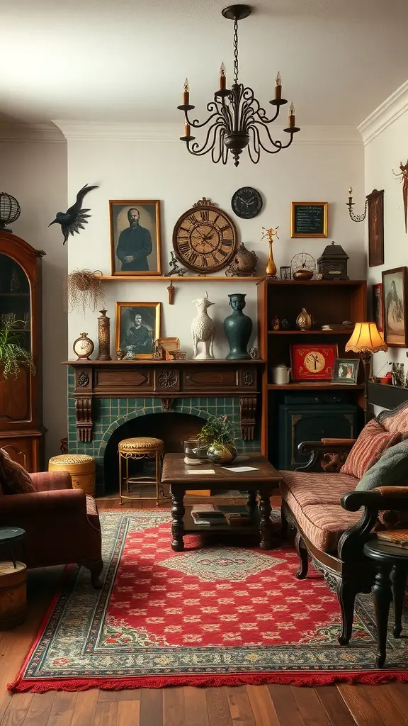 31+ Magical Decor Ideas for a Witchy Living Room 5 A vintage living room with antique decor, featuring a fireplace, framed portraits, and a colorful rug.