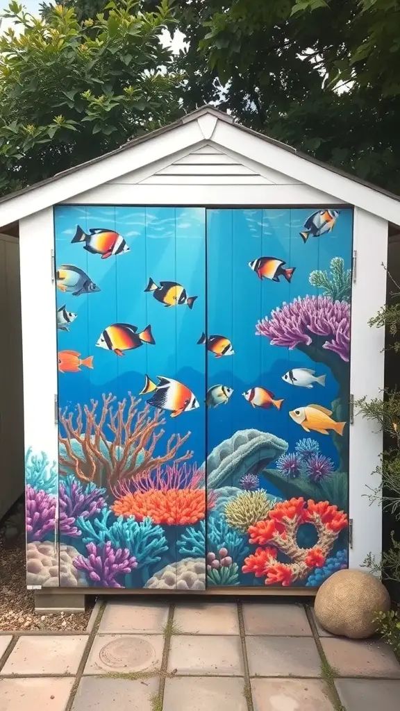 Garden shed mural featuring an underwater scene with colorful fish and coral