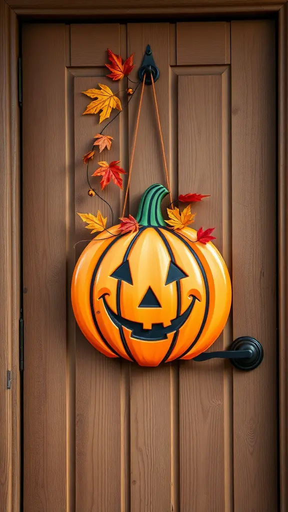 23+ Charming Fall Door Decorations to Welcome the Season 6 A cheerful pumpkin door hanger with autumn leaves on a wooden door.