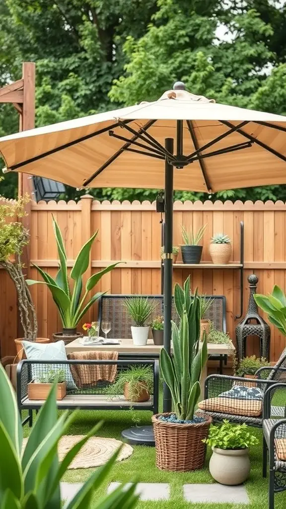 17+ Creative Patio Umbrella Ideas for Your Outdoor Space 4 A cozy patio with a stylish umbrella and lush greenery.