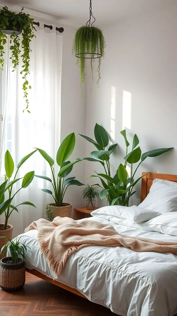 A cozy bedroom filled with lush indoor plants, featuring a bed with white linens and a soft blanket.
