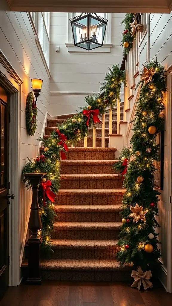 A beautifully decorated staircase with a festive garland featuring greenery, ornaments, and bows.