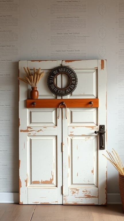 21+ Easy and Affordable DIY Headboard Ideas to Transform Your Bedroom 10 A rustic old door used as a headboard, featuring a distressed white finish with orange accents and decorative elements.