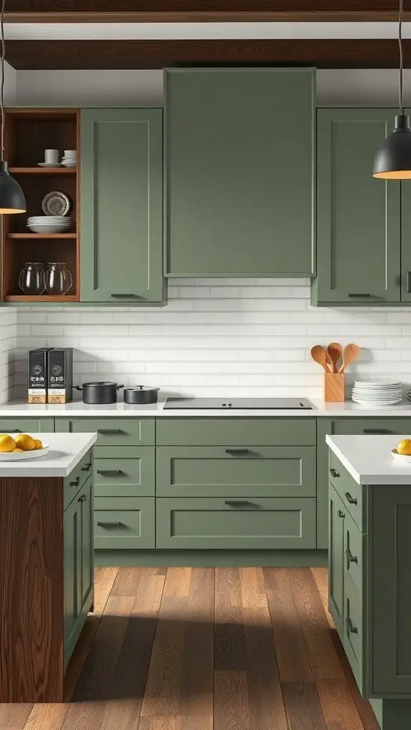 27+ Stunning Sage Green and Wood Kitchen Ideas You’ll Love 10 A kitchen featuring sage green cabinets and a dark wood island, showcasing a modern yet rustic design.