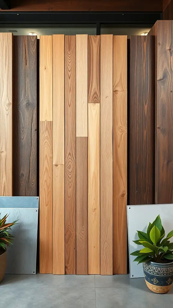 19+ Creative Privacy Wall Ideas for Your Deck 5 A stylish privacy wall made of various wood panels with potted plants in front.