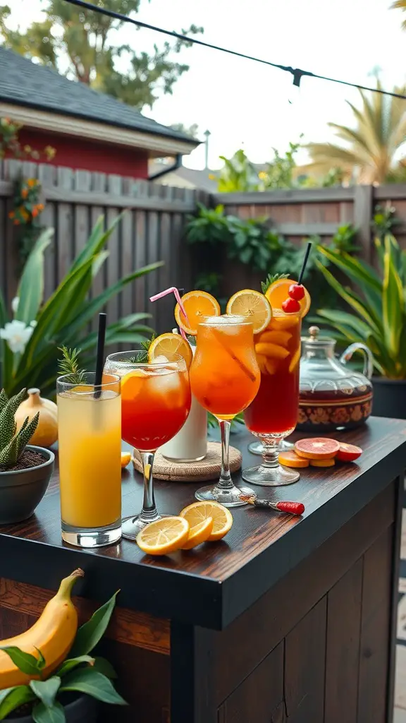 21+ Backyard Engagement Party Ideas for an Unforgettable Celebration 9 A vibrant cocktail station with various colorful drinks and garnishes.