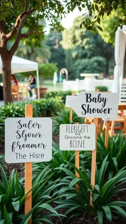 29+ Homegrown Baby Shower Theme Ideas with 15 Must-Have Items 17 Personalized garden signage for a baby shower, featuring playful fonts and wooden posts in a green setting.