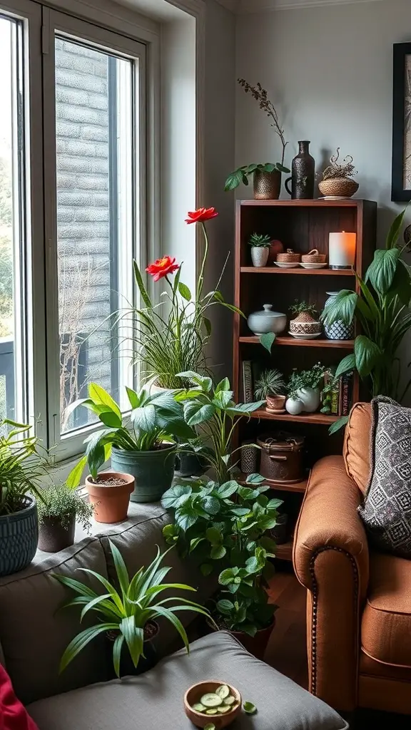 31+ Magical Decor Ideas for a Witchy Living Room 11 A cozy living room with various indoor plants, showcasing an inviting atmosphere for an indoor herb garden.