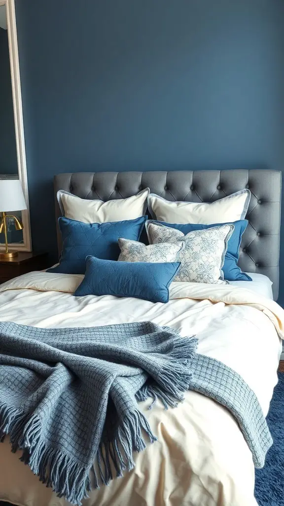 23+ Stunning Blue and Grey Bedroom Ideas You'll Love 3 A blue and grey bedroom featuring a plush headboard, layered bedding, and decorative pillows.
