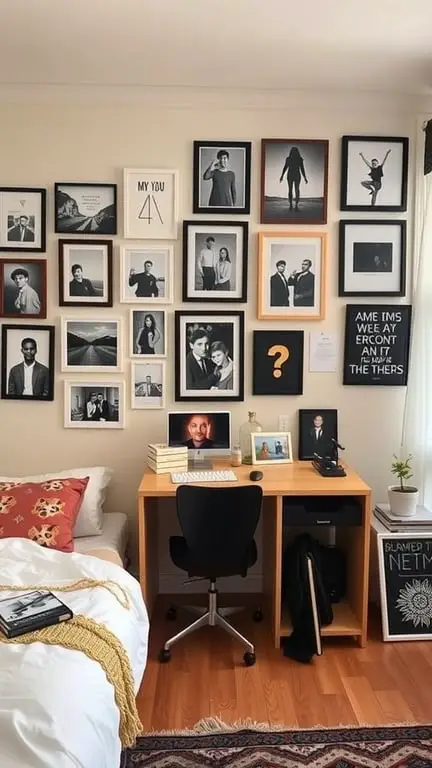 17 Stylish Small Dorm Room Ideas for Limited Spaces 12 A small dorm room featuring a gallery wall with various black and white framed photos, a desk, and a bed.