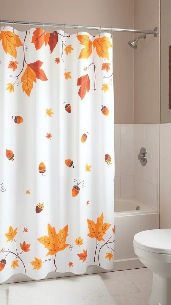 21+ Charming Fall Bathroom Decor Ideas to Transform Your Space 13 A fall-themed shower curtain with colorful leaves and acorns, featuring phrases like 'Hurry' and 'Fall'.