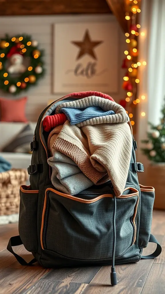A backpack filled with sweaters, set in a cozy room decorated for the holidays.