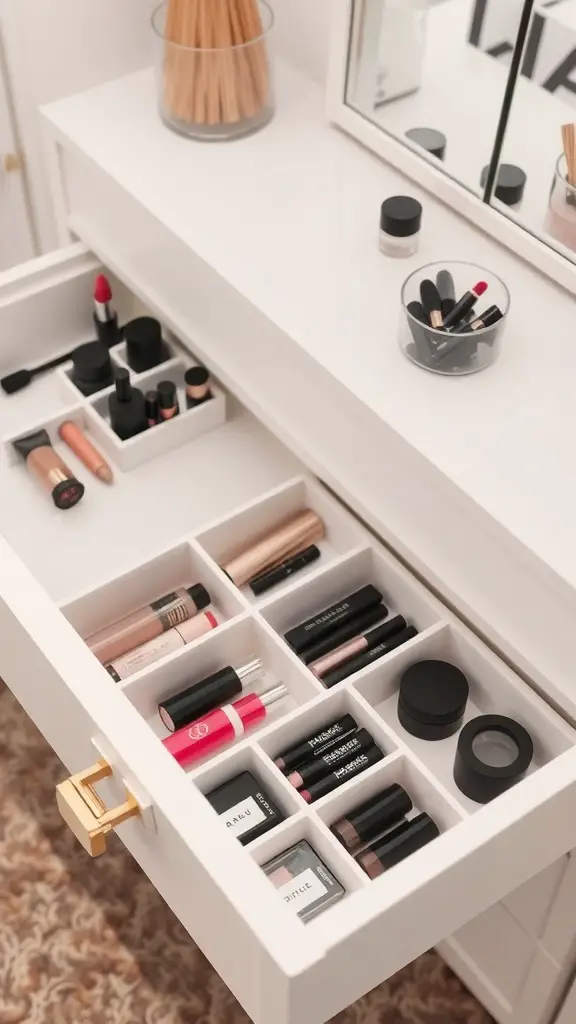 27+ Creative Vanity Organization Ideas You’ll Love 5 Organized makeup drawer with stylish dividers