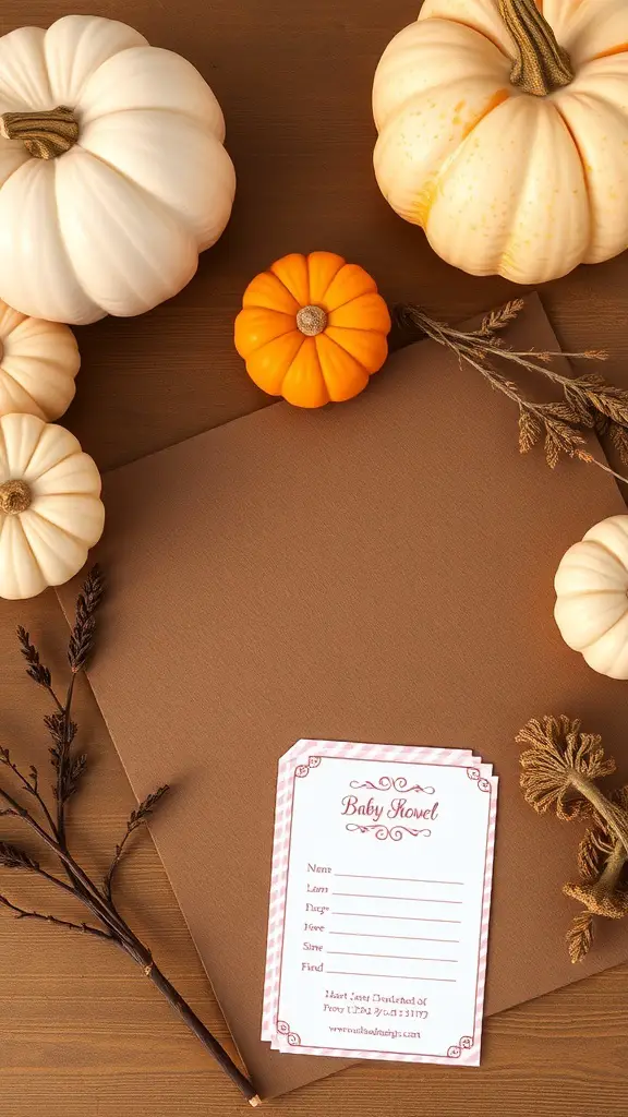 20+ Adorable Pink Pumpkin Baby Shower Ideas 7 A pink pumpkin baby shower invitation surrounded by decorative pumpkins and autumn foliage.