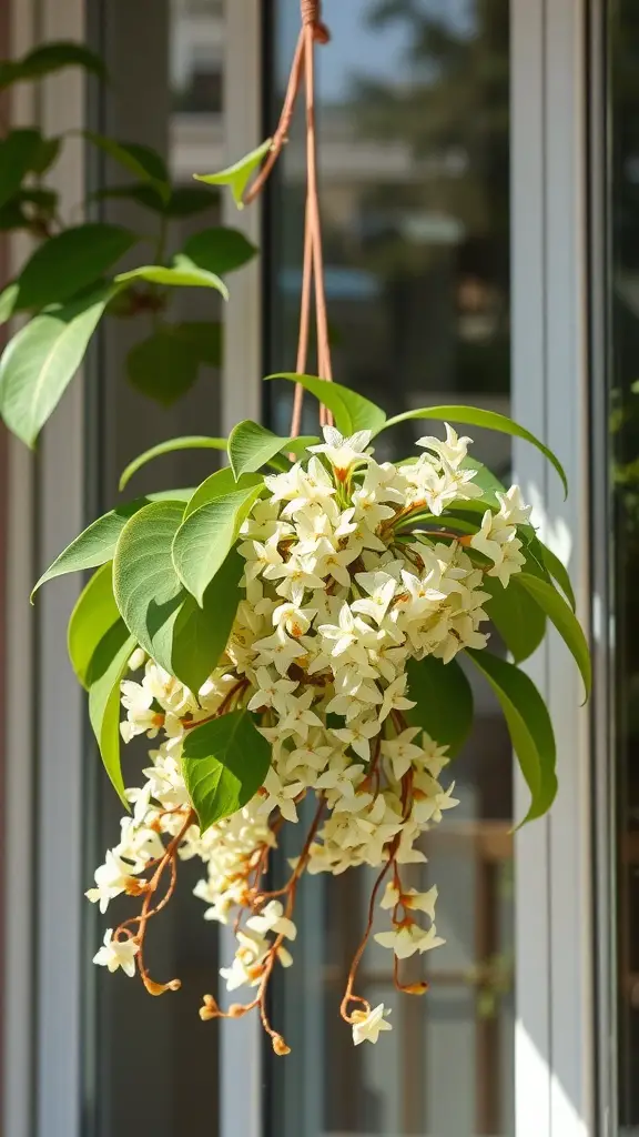 37+ Best Indoor Plants for Low Light Living Spaces 14 A hanging Hoya plant with white star-shaped flowers and green leaves, placed near a window.