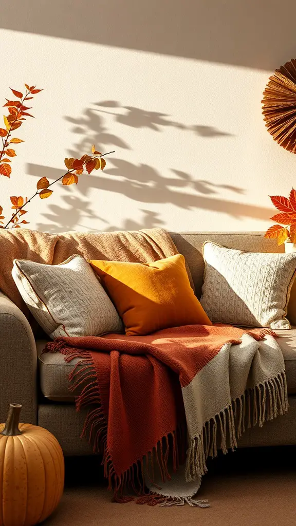 15 Stunning Fall Thanksgiving Decor Ideas You'll Love 13 Cozy couch with seasonal pillows and a throw blanket, decorated for fall.