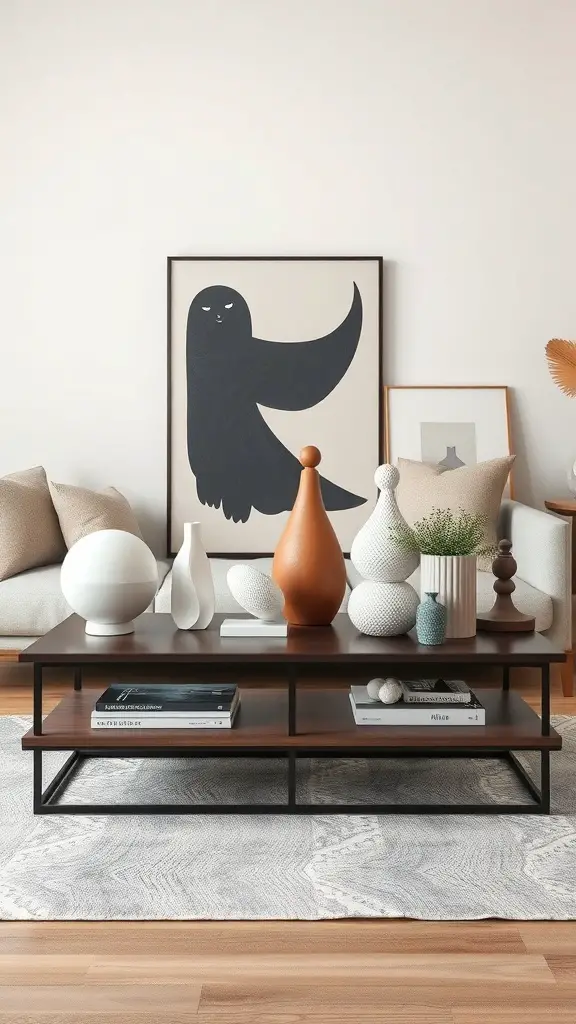 15 Creative Coffee Table Arrangement Ideas to Elevate Your Living Space 9 Artistic coffee table arrangement featuring various sculptures and decorative items.
