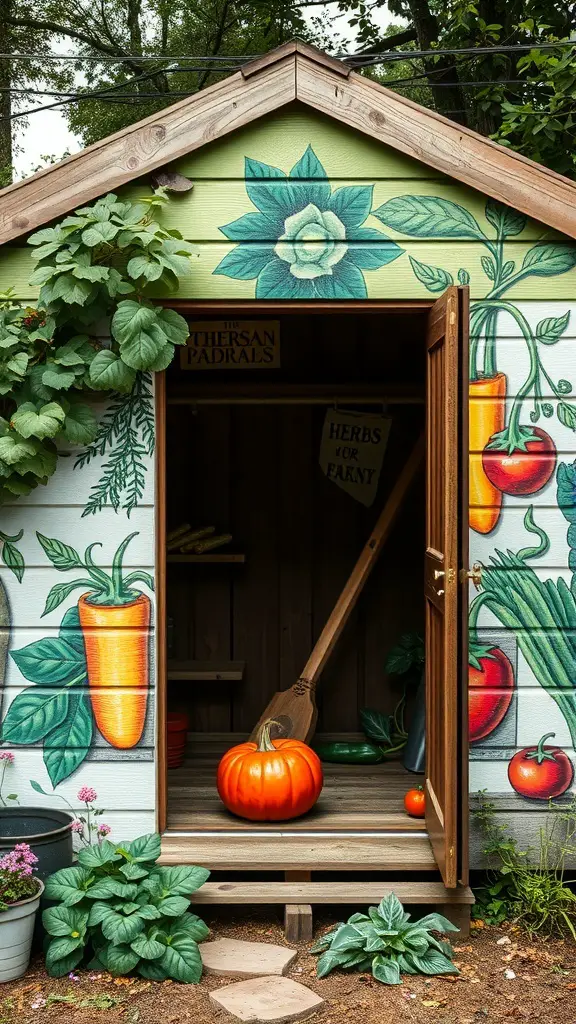A garden shed with colorful murals of vegetables and herbs, featuring a pumpkin at the entrance.
