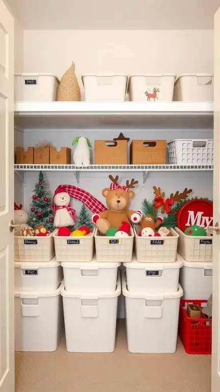 33+ Creative Nursery Organization Ideas for a Clutter-Free Space 14 Organized closet with seasonal decor storage, featuring labeled bins and festive items.