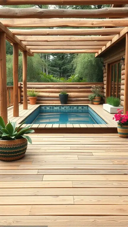 37+ Stunning Backyard Pool Design Ideas to Transform Your Outdoor Space 5 A rustic wooden deck surrounding a small pool with potted plants and wooden beams overhead.