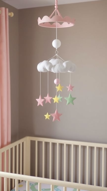 31+ Gorgeous Pink and Green Nursery Ideas for a Dreamy Space 5 A pink and green nursery mobile featuring a cloud and colorful stars hanging above a crib.