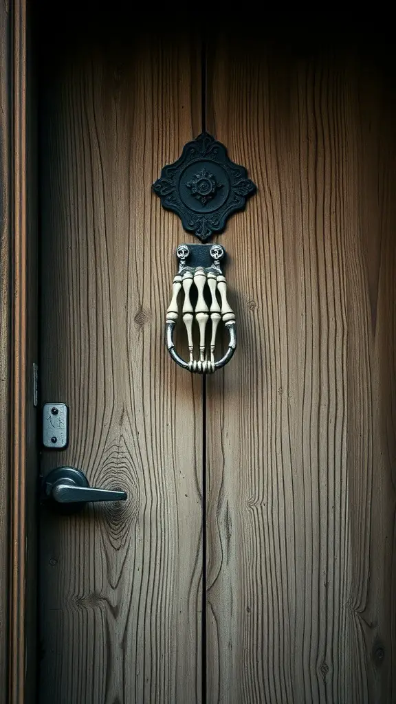 27+ Creative DIY Halloween Decorations You Can Make at Home 15 A skeleton hand door knocker on a wooden door