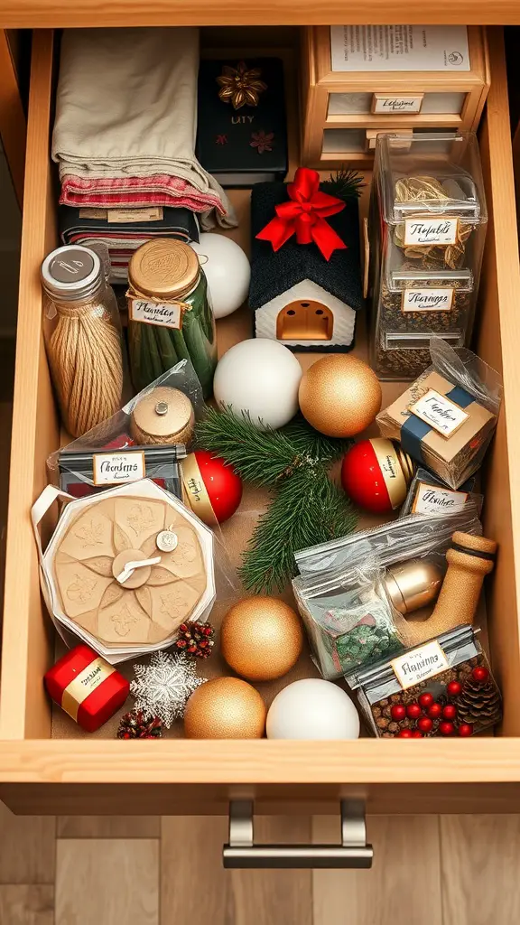 21+ Creative Drawer Organization Ideas for a Clutter-Free Home 7 A neatly organized drawer filled with holiday decorations, including ornaments, a small house, and festive greenery.