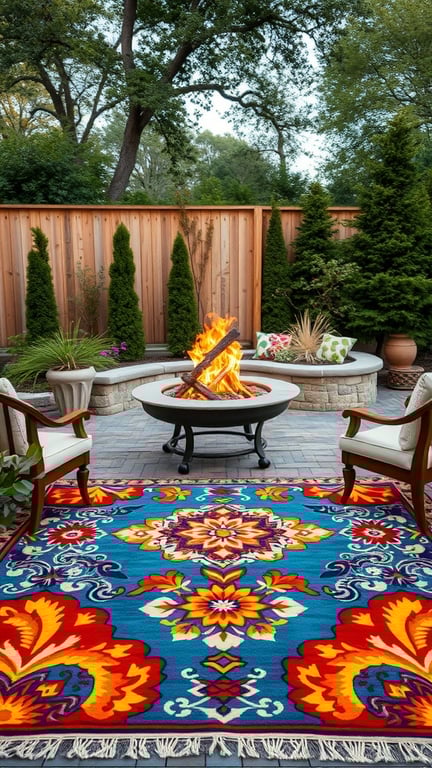 21+ Stunning Firepit Backyard Landscaping Ideas You’ll Love 13 A colorful outdoor rug with a firepit and seating area in a backyard.