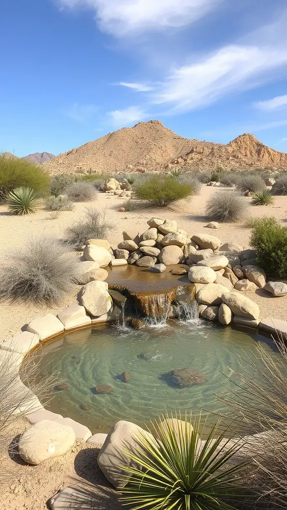 25+ Stunning Desert Landscaping Ideas for Your Front Yard 15 A serene pond with a waterfall surrounded by stones in a desert landscape.