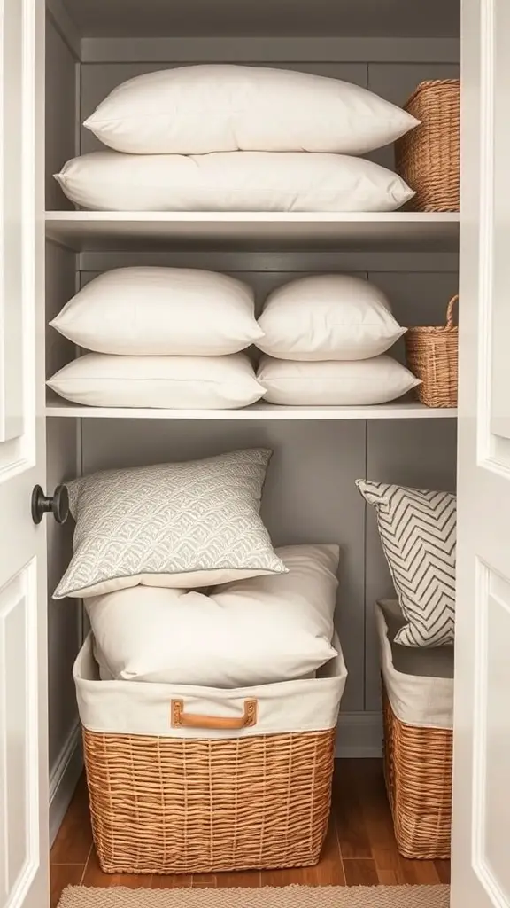 A neatly organized linen closet featuring extra pillows stored in decorative bins.