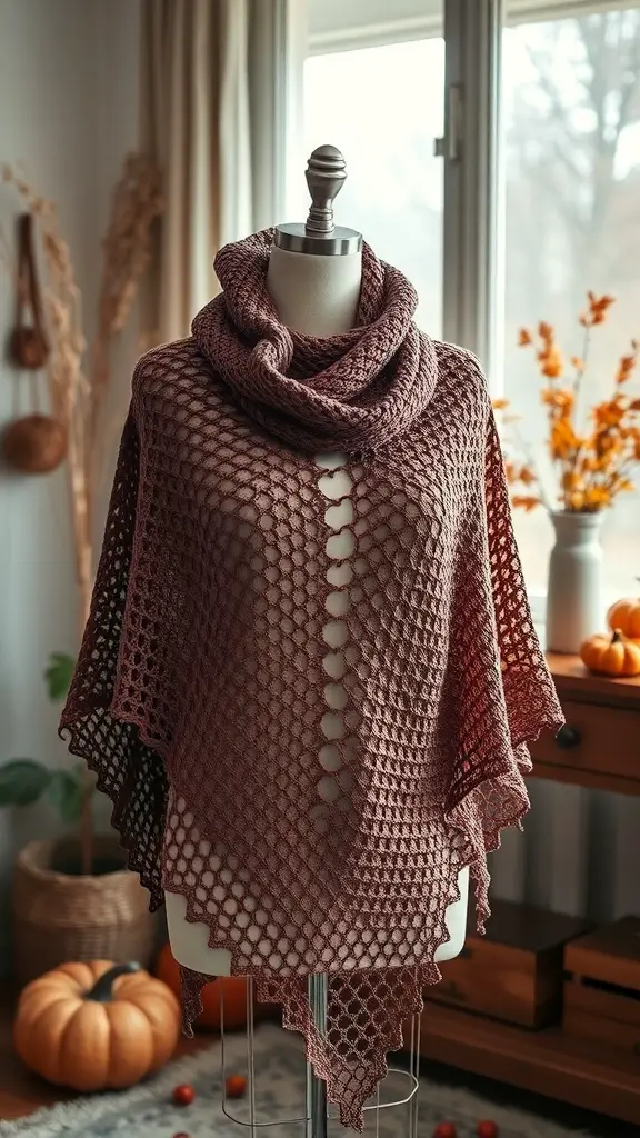23+ Cozy Fall Crochet Ideas You’ll Love 14 A crochet shawl displayed on a mannequin, featuring a unique pattern and warm colors, set in a cozy room with fall decorations.