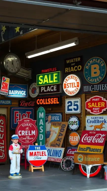 25+ Creative Garage Art Ideas to Transform Your Space 12 A collection of vintage signs displayed in a garage, featuring various colors and designs.