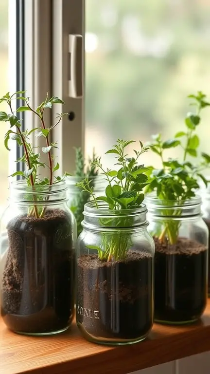 21 Creative Container Garden Ideas for Small Spaces 5 Mason jars filled with soil and growing herbs on a windowsill