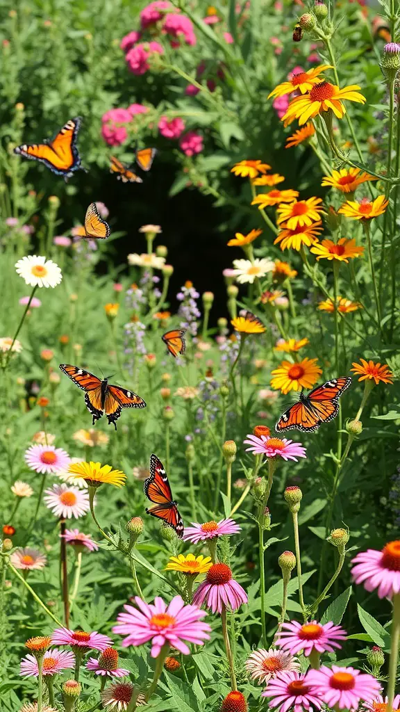 21+ Cottagecore Garden Essentials for a Whimsical Outdoor Retreat 8 A colorful garden filled with various flowers and butterflies, showcasing a butterfly-friendly environment.